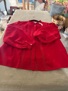 Madewell Red Eyelet-Trim Button Front Blouse with Balloon Sleeves